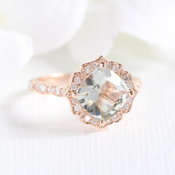 Rose Gold Green Amethyst Diamond Engagement Ring in Vintage - Etsy