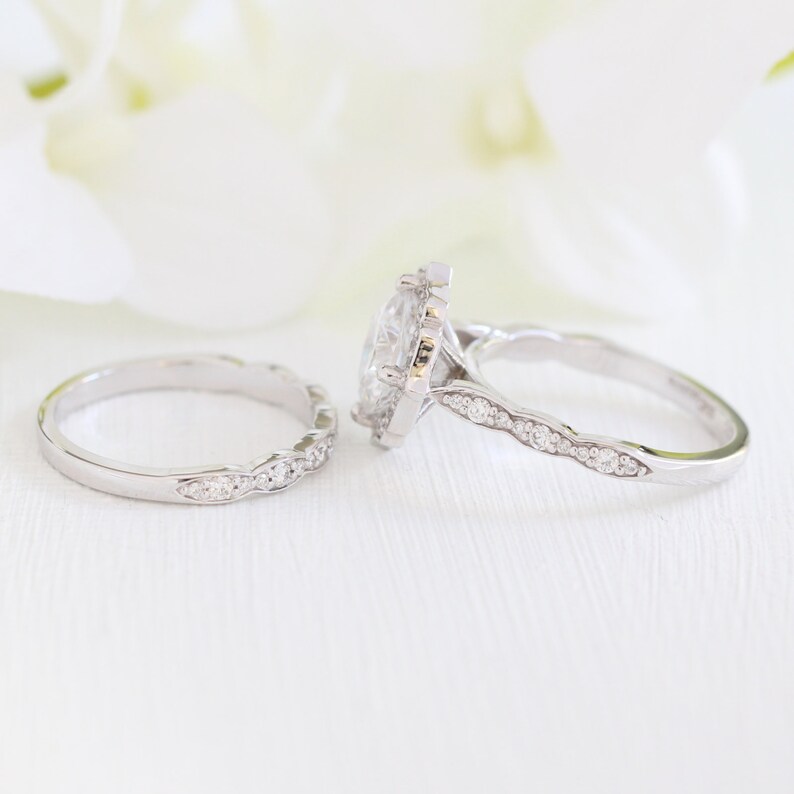 Forever One Moissanite Engagement Ring and Scalloped Diamond Wedding Band Bridal Set in 14k Rose Gold 8x8mm Cushion Moissanite Gemstone Ring image 8