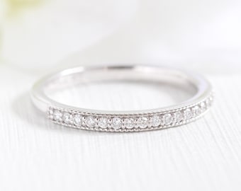 Natural Diamond Wedding Ring in 14k White Gold Milgrain Band, Half Eternity Wedding Bnad, April Birthstone Ring In Stock (Resizable)