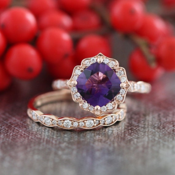 Rose Gold Wedding Set Amethyst Engagement Ring and Scalloped Etsy