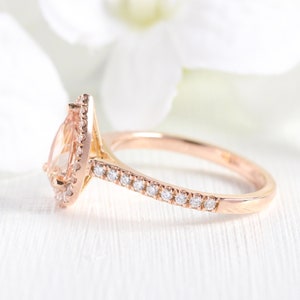 Pear Morganite Engagement Ring in 14k Rose Gold Halo Diamond Ring 9x6mm Pink Peach Morganite Ring Set in Pave Diamond Half Eternity Band image 2