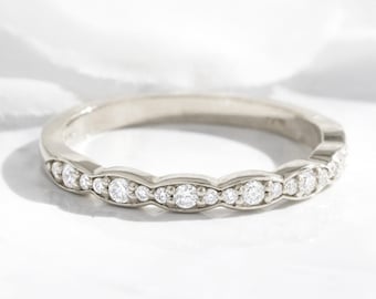 Natural Diamond Wedding Ring in Solid White Gold Scalloped Band
