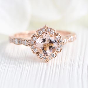 Natural Peach Morganite Ring: 14k Rose Gold Halo Diamond Floral Ring, Size 4.5