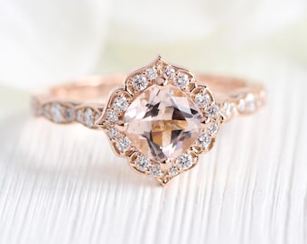 Natural Peach Morganite Ring: 14k Rose Gold Halo Diamond Floral Ring, Size 4.5