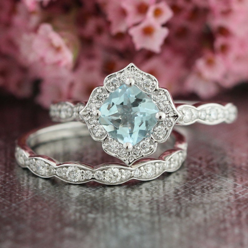 Natural Aquamarine Ring Set and Scalloped Diamond Wedding Band Bridal Set 14k Rose Gold Vintage Style Halo Aquamarine Ring Stack image 5