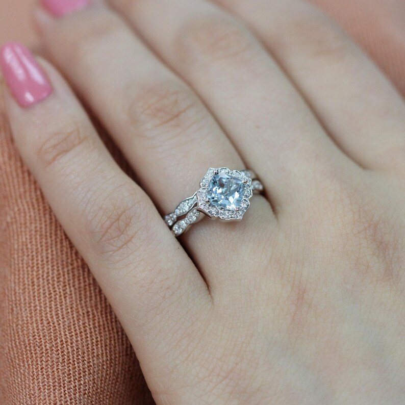 Natural Aquamarine Ring Set and Scalloped Diamond Wedding Band Bridal Set 14k Rose Gold Vintage Style Halo Aquamarine Ring Stack image 6