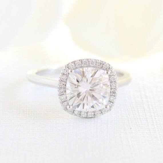 Forever One Moissanite Engagement Ring In 14k White Gold Halo Etsy