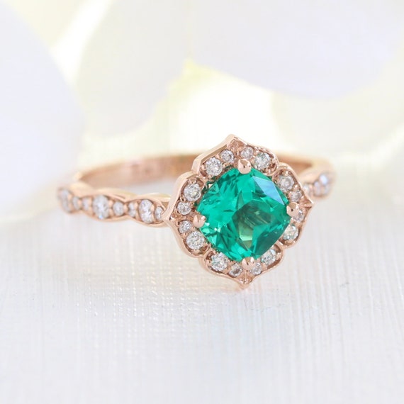Vintage Floral Emerald Engagement Ring 14k Rose Gold Scalloped - Etsy