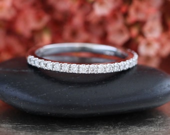 Petite Diamond Wedding Ring in 14k White Gold Half Eternity Band Women Wedding Band Diamond Anniversary Ring Stackable Ring
