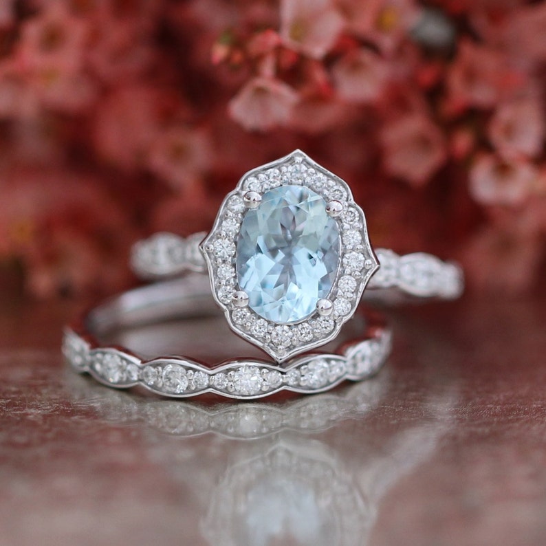 Bridal Set Vintage Floral Oval Aquamarine Engagement Ring and - Etsy