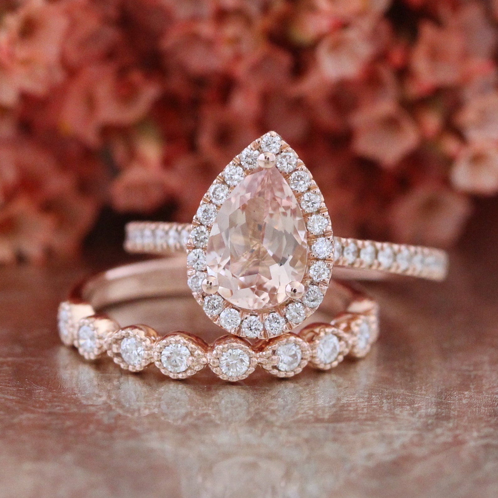 Pear Morganite Engagement Ring and Milgrain Diamond Wedding | Etsy