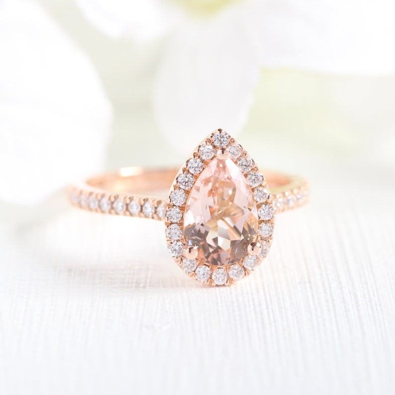 Pear Morganite Engagement Ring in 14k Rose Gold Halo Diamond Ring 9x6mm Pink Peach Morganite Ring Set in Pave Diamond Half Eternity Band image 1