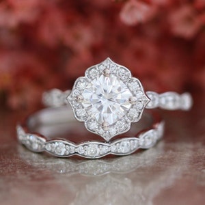 Cushion Moissanite Diamond Ring Set and Scalloped Diamond Wedding Band Bridal Set 14k White Gold Vintage Style Halo Ring Stack