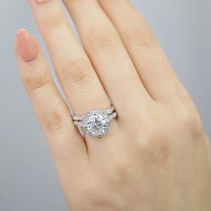 Forever One Moissanite Engagement Ring and Scalloped Diamond Wedding Band Bridal Set in 14k Rose Gold 8x8mm Cushion Moissanite Gemstone Ring image 9