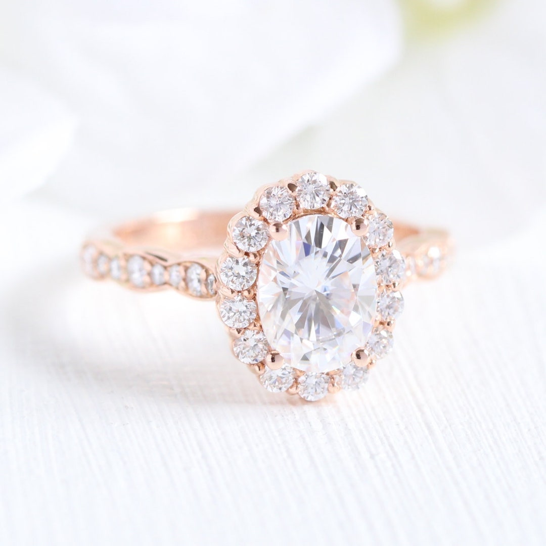 Rose Gold Oval Moissanite Engagement Ring in Halo Diamond - Etsy