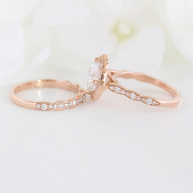 Forever One Moissanite Engagement Ring and Scalloped Diamond Wedding Band Bridal Set in 14k Rose Gold 8x8mm Cushion Moissanite Gemstone Ring image 2