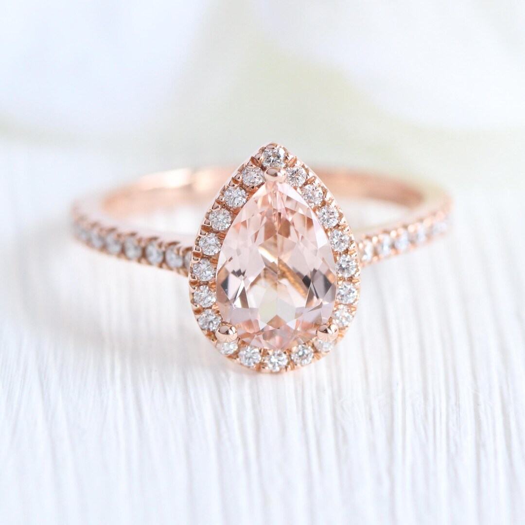 Natural Pear Morganite Diamond Pave Ring in 14k Rose Gold Halo Diamond ...