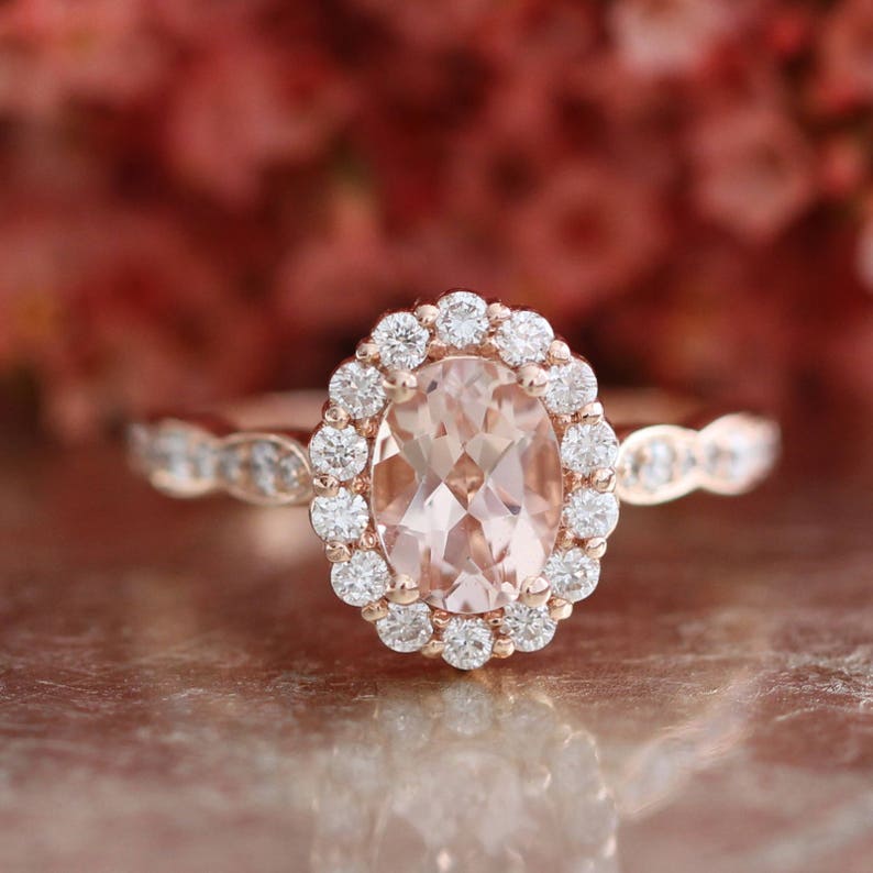Halo Diamond Morganite Engagement Ring in 14k Rose Gold - Etsy