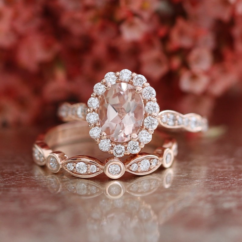 Morganite Engagement Ring and Bezel Scalloped Diamond Wedding - Etsy