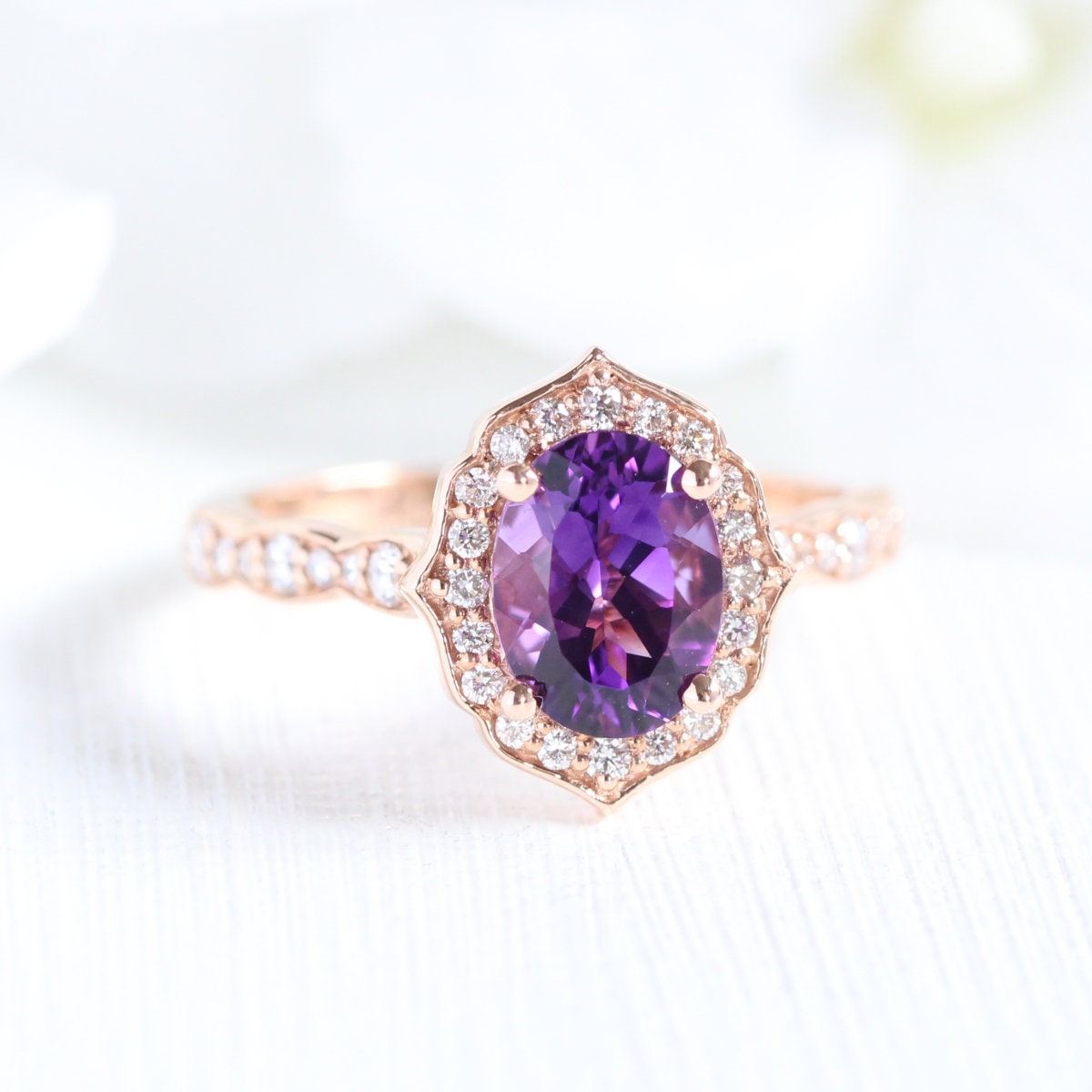Vintage Floral Amethyst Engagement Ring in 14k Rose Gold Etsy