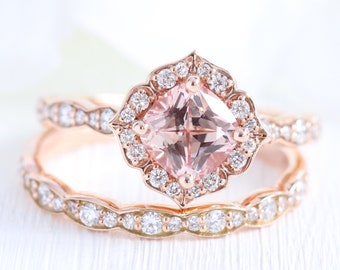 Champagne Peach Sapphire Ring and Scalloped Diamond Wedding Band Bridal Set 14k Rose Gold Vintage Style Halo Sapphire Ring Stack