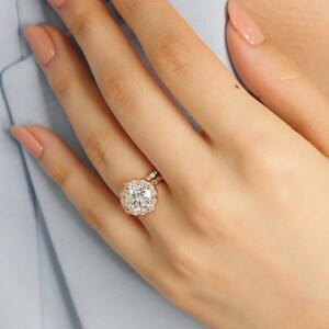 Forever One Moissanite Engagement Ring and Scalloped Diamond Wedding Band Bridal Set in 14k Rose Gold 8x8mm Cushion Moissanite Gemstone Ring image 4