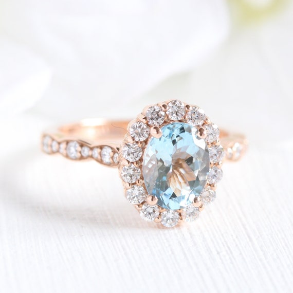 Halo Diamond Aquamarine Engagement Ring in 14k Rose Gold - Etsy