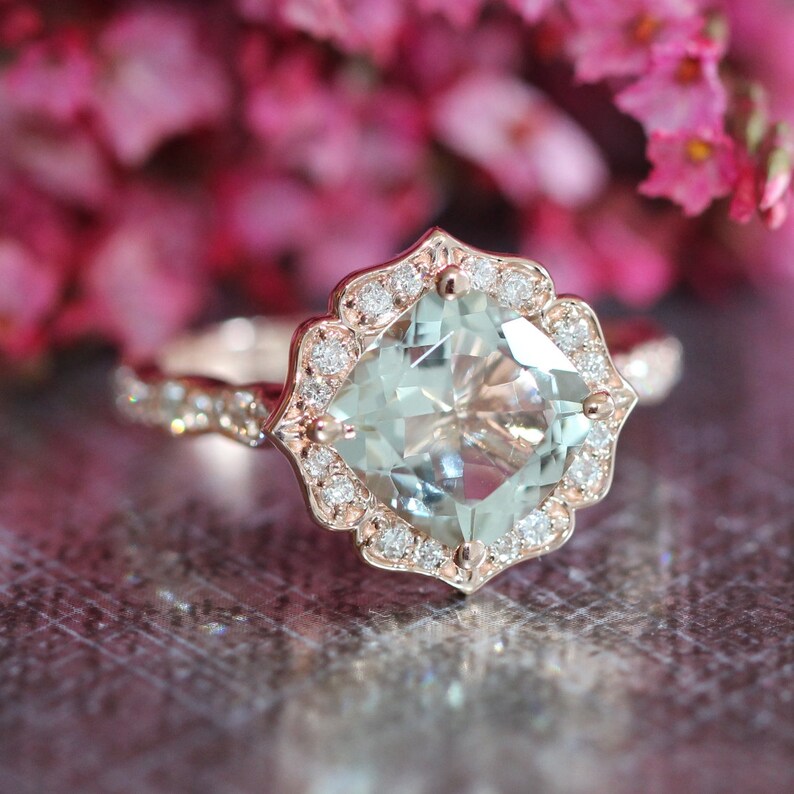 Rose Gold Green Amethyst Diamond Engagement Ring in Vintage Etsy