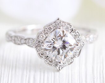 Cushion Moissanite Diamond Engagement Ring 14k White Gold Mini Vintage Floral Ring Scalloped Diamond Wedding Band