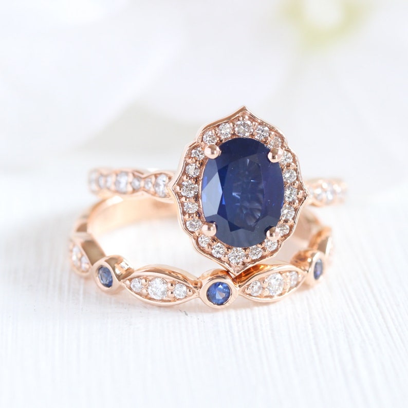 Sapphire Bridal Ring Set in 14k Rose Gold Vintage Floral Engagement Ring and Diamond Sapphire Wedding Band 8x6mm Oval Cut Sapphire Ring