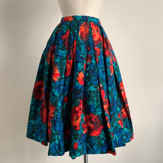 1950's Abstract Floral Rose Print Full Skirt - Mi… - image 1
