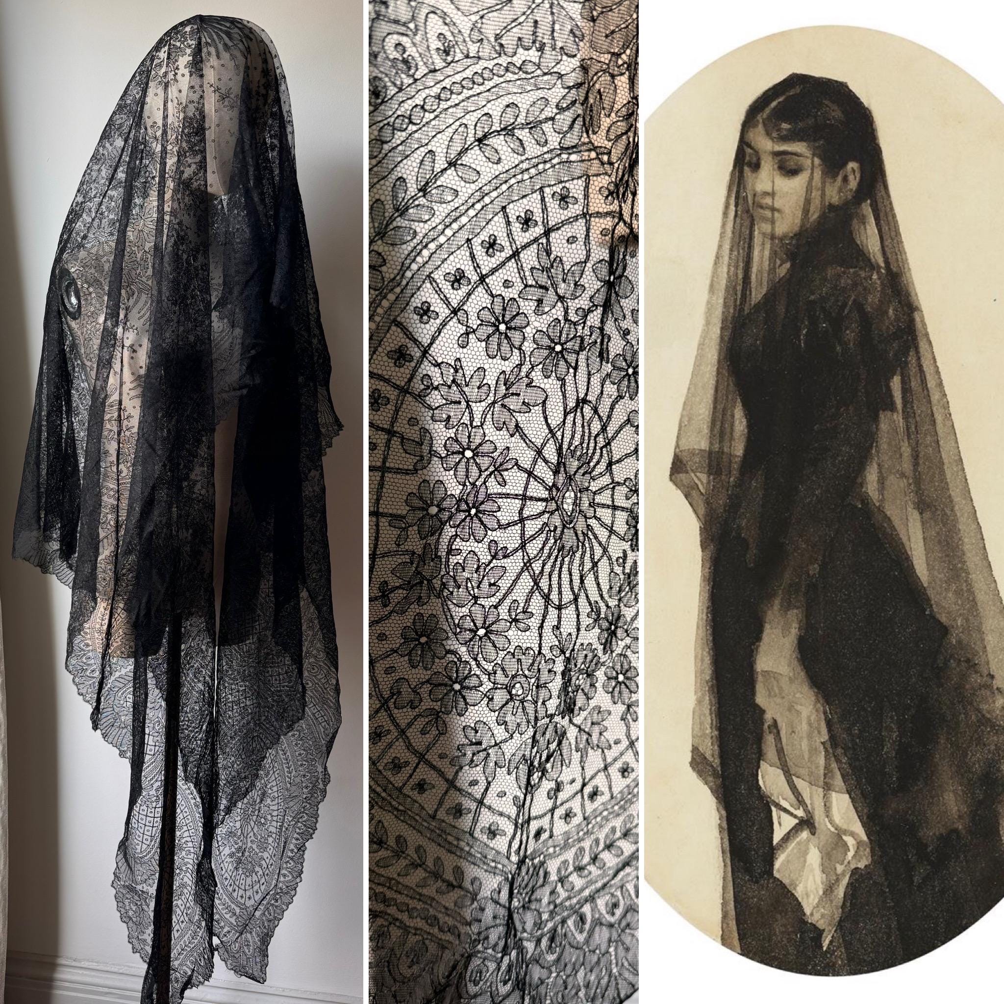 Antique Victorian Black Lace Mourning Veil Mantilla Shawl