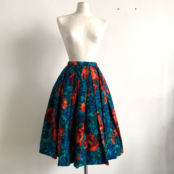 1950's Abstract Floral Rose Print Full Skirt - Mi… - image 2