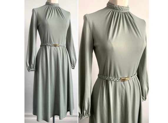 Vintage 1970’s Soft Sage Green Gathered Dress - Ossi… - Gem