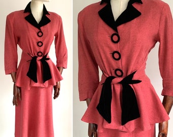 Spectacular 1940’s Pink “Lombardy” Two Piece Skirt Suit - Virgin Wool & Silk Velvet - Size S - UK 8 / 10 - Dita - Film Costume