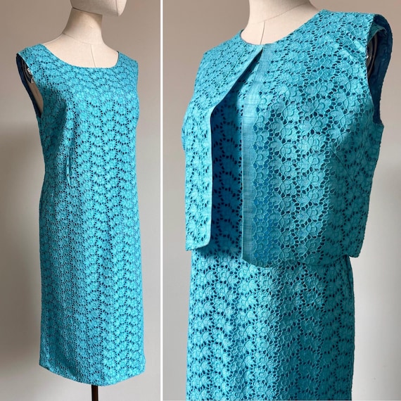 Lovely 1960's Turquoise Aqua Blue Two Piece Lace Shift Dress & Waistcoat Bolero - Mad Men - Size UK 10 Lovely 1960's Turquoise Aqua Blue Two Piece Lace Shift Dress & Waistcoat Bolero - Mad Men - Size UK 10