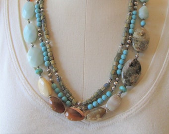 Genuine Amazonite, Graduated Long Mixed Gemstone Statement Necklace 22"