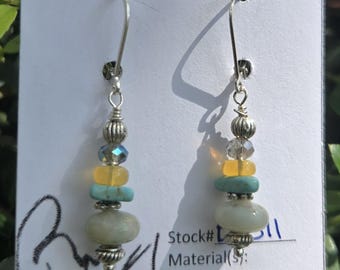 Multistone stacked leverback drop earrings, ocean jasper, opal, crystal