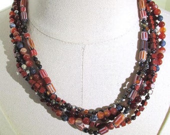 Shades of Red 5-Strand 'Bird's Nest' Necklace 18"
