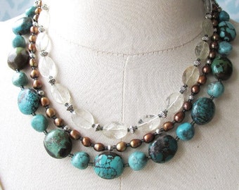 Genuine natural turquoise nugget three strand statement necklace (16" to top strand) with bronze pearls and faceted yellow quartz