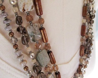 Statement necklace! Multi-strand 24" long Ocean Jasper, Coral, Smoky Quartz and Gray Agate