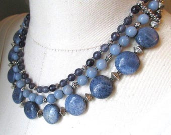 Heirloom quality multi-strand gemstone necklace! Blue Coral, Agate and Gray Tourmaline Three-strand graduated necklace, 17" to top strand