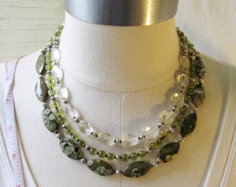 Green Natural Stone multi-strand necklace. Rare and beautiful rainforest jasper and glass, 16-17"