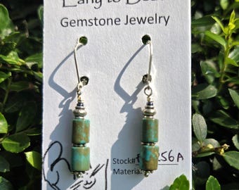 Chrysocolla cylinder bead earrings, turquoise colored, with sterling silver leverback
