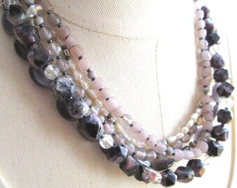 Purple Rhodonite, Gray Agate, Pearl and Glass Multistrand Necklace 17" (5 strand)