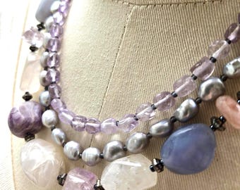 Natural Nuggets of Purple and Pink, Amethyst, Fluorite, Rose Quartz, Pearl, graduated 3 strand 16"