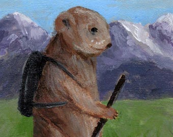 Groundhog Hiking Original Handpainted Acrylic Painting 5x7 on Davinci Pro Panel (NOT A PRINT)