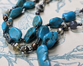 42" Blue green genuine Nevada turquoise smooth nugget necklace, wear long or doubled for versatility