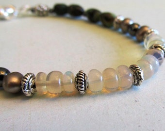 Delicate and Beautiful Genuine Opal, Gray Pearl, and African Turquoise Bracelet