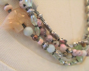 Zuni Bear, Rhodonite, Amazonite, Crystal, Pewter four strand 21"